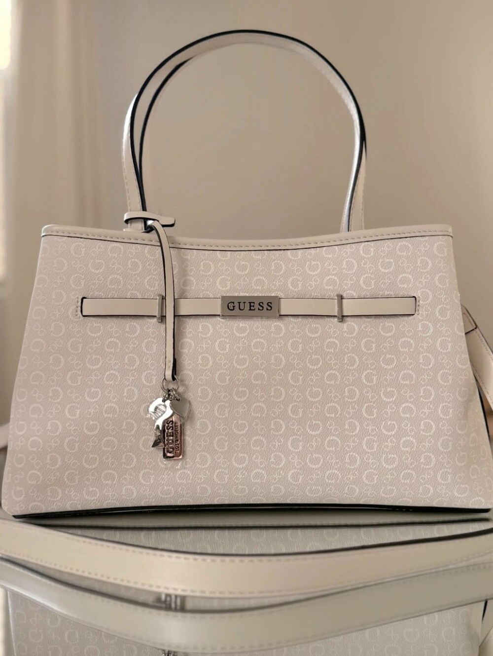 GUESS Cream Logo-Print Tote with Charm